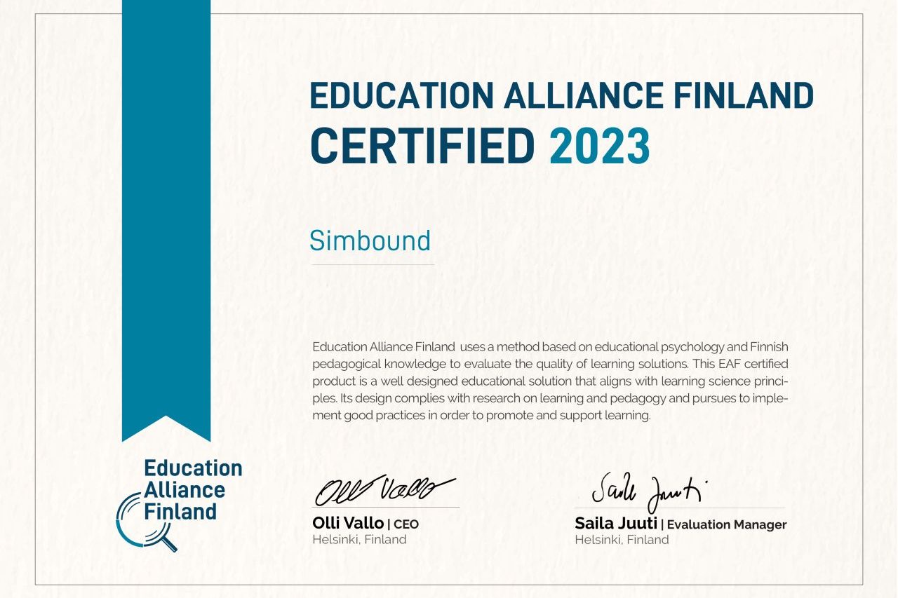 Certification 2023 de la qualité pédagogique de Simbound par l'Education Alliance Finland