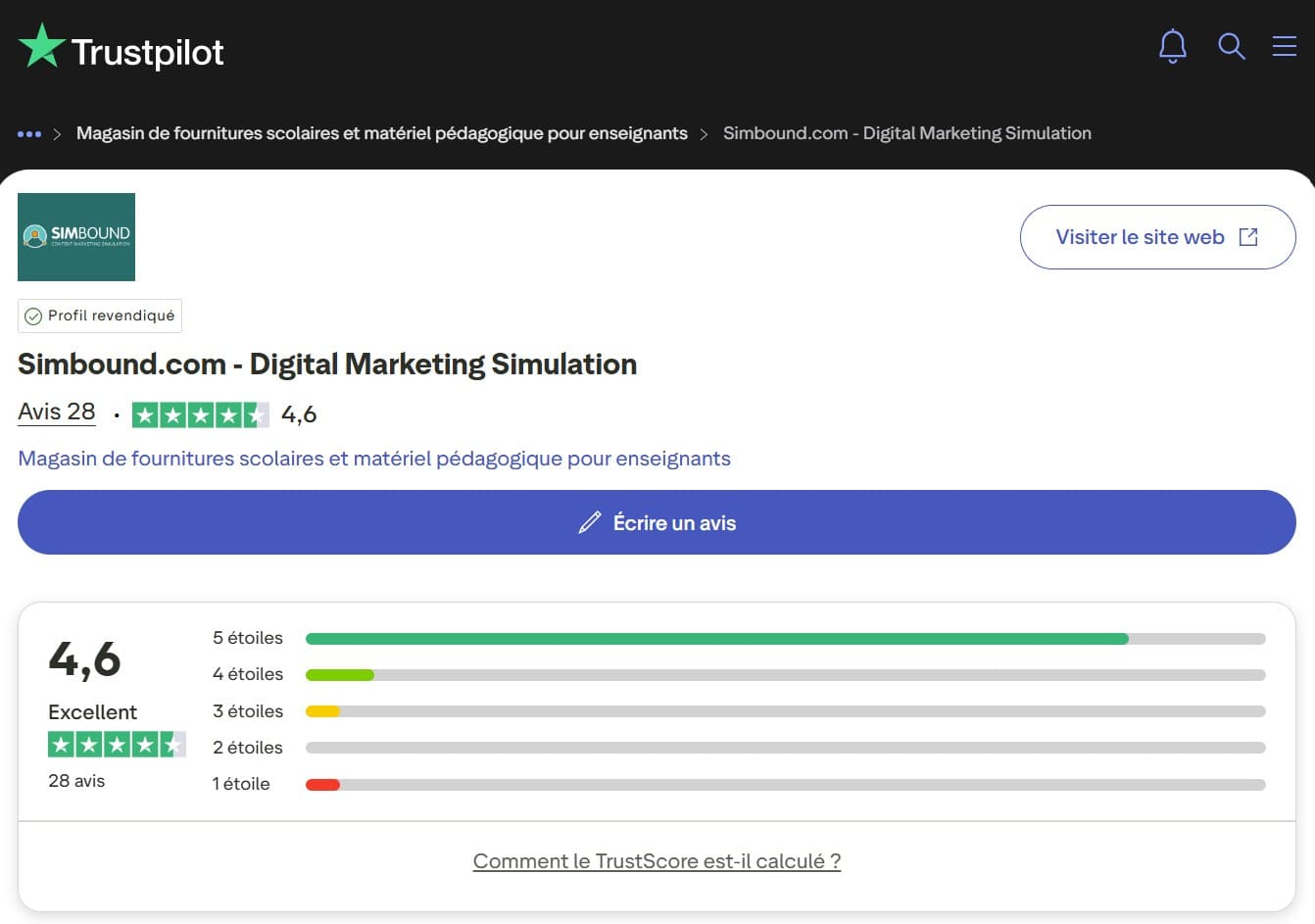 Score Trustpilot de Simbound