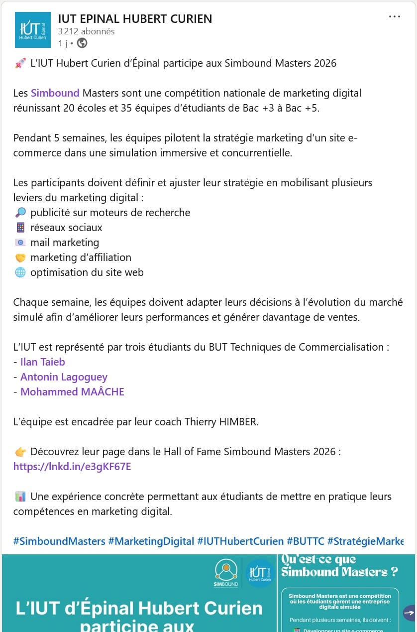 Post LinkedIn de l'IUT Hubert Curien d'Epinal