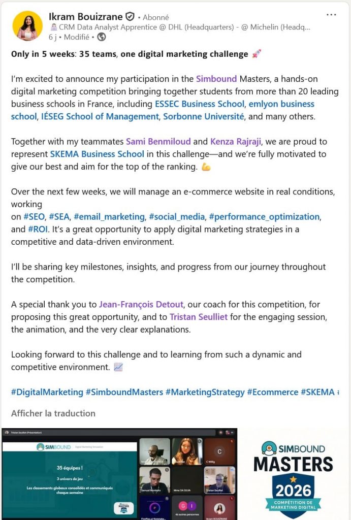 Post LinkedIn d'une étudiante représentante de Skema
