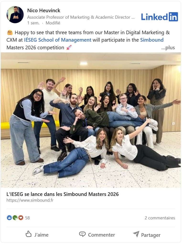 Post LinkedIn du responsable pédagogique du Master in Digital Marketing & CRM de l'Ieseg