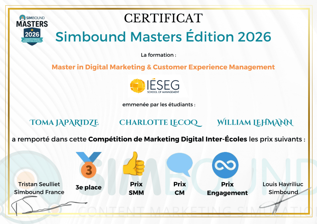 Certificat Simbound Masters 2026 de l'équipe Taberry de l'IESEG