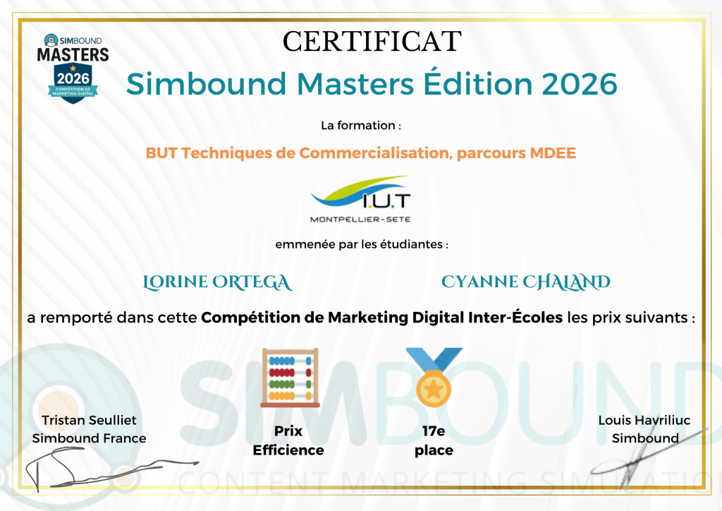 Certificat Simbound Masters 2026 de l'équipe Tech Corner de l'IUT de Montpellier-Sète