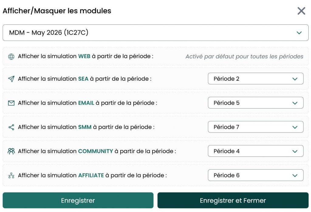 Ordre d'affichage des modules choisis pour pour ce cours Ordre d'affichage choisi pour les modules lors de ce cours