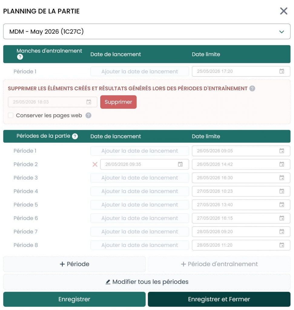 Planning des périodes de jeu Planning des périodes de jeu