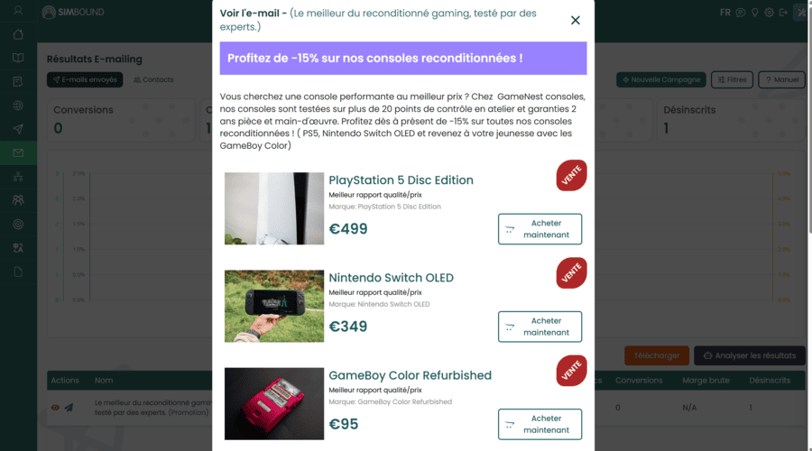 Mission : lancer des campagnes e-mailing afin de maintenir le lien avec les prospects et générer plus de ventes. Aperçu de la simulation Emailing au sein du business game marketing digital Simbound
