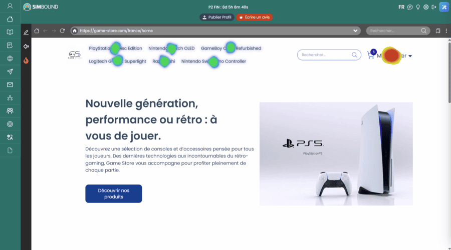 Mission : construire un site e-commerce au sein de la simulation, choisir les produits à vendre, leur prix... et optimiser les pages. Aperçu de la simulation Web au sein du business game marketing digital Simbound